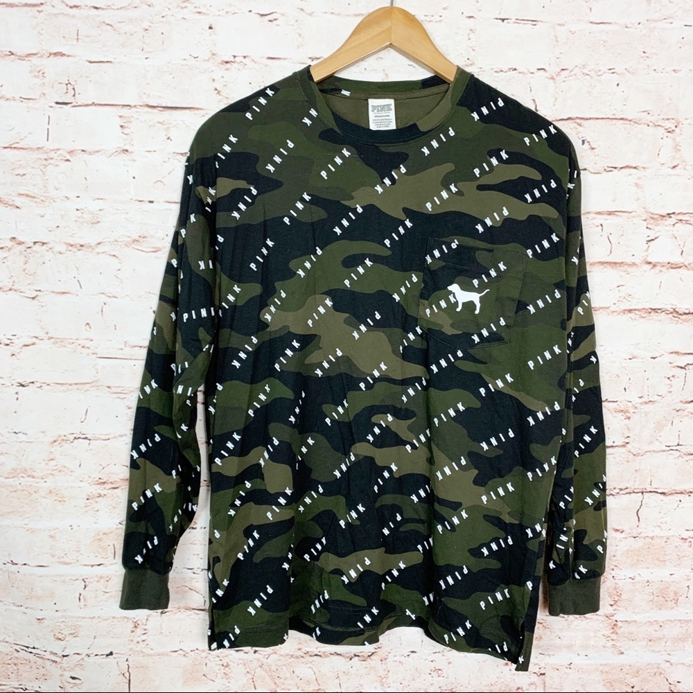 Vs Pink Camo Long Sleeve Campus Spell Out Tee